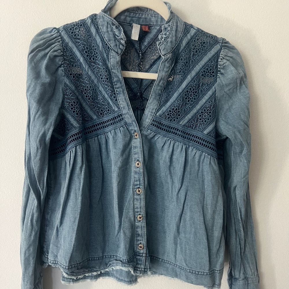 Denim Cutout Floral Blouse